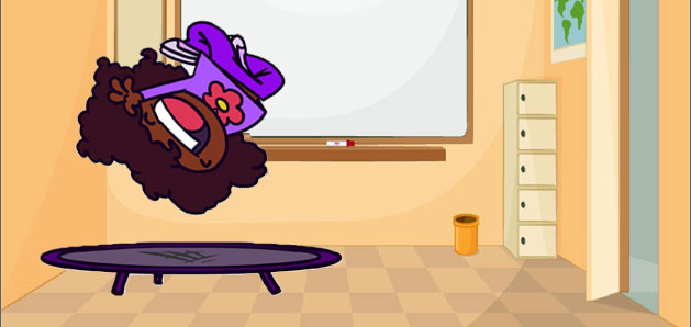 Illustration of student flipping on trampoline in the classroom