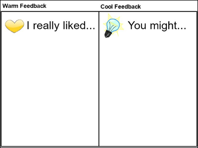 image of worksheet to guide student feedback using warm and cool