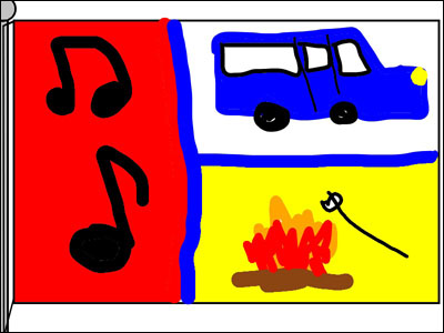 student-created flag for family in blue and red with bus, campfire, and music notes