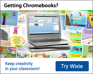 Wixie on a stack of Chromebooks
